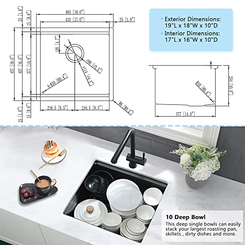 19 Inch Black Undermount Bar Sink Workstation-Vasoyo 19"X18" Matte Black Stainless Steel Undermount Kitchen Sink Outdoor Rv Sink 16 Gauge Deep Single Bowl Small Bar Prep Sink With Cutting Board #TOP4