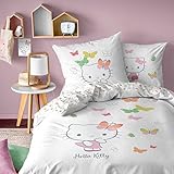 edredon hello kitty cuna Diseño único: 1 funda nórdica niña de 140 x 200 cm y 1 funda de almohada de 63 x 63 cm, reversible, para cambiar según tus necesidades. Un diseño impreso en el universo de emoticono rodeado de bonitas mariposas de colores pastel para las noches suaves de tu hijo.