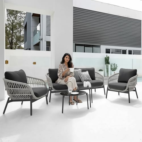 Image of Amazon Brand - Solimo Outdoor 4 Seater Sofa Set | Balcony Sofa | Patio Furniture Sets | Conversation Sets | Braid & Rope Garden 4 Seater Sofa Set with Center Table (Grey-Black)