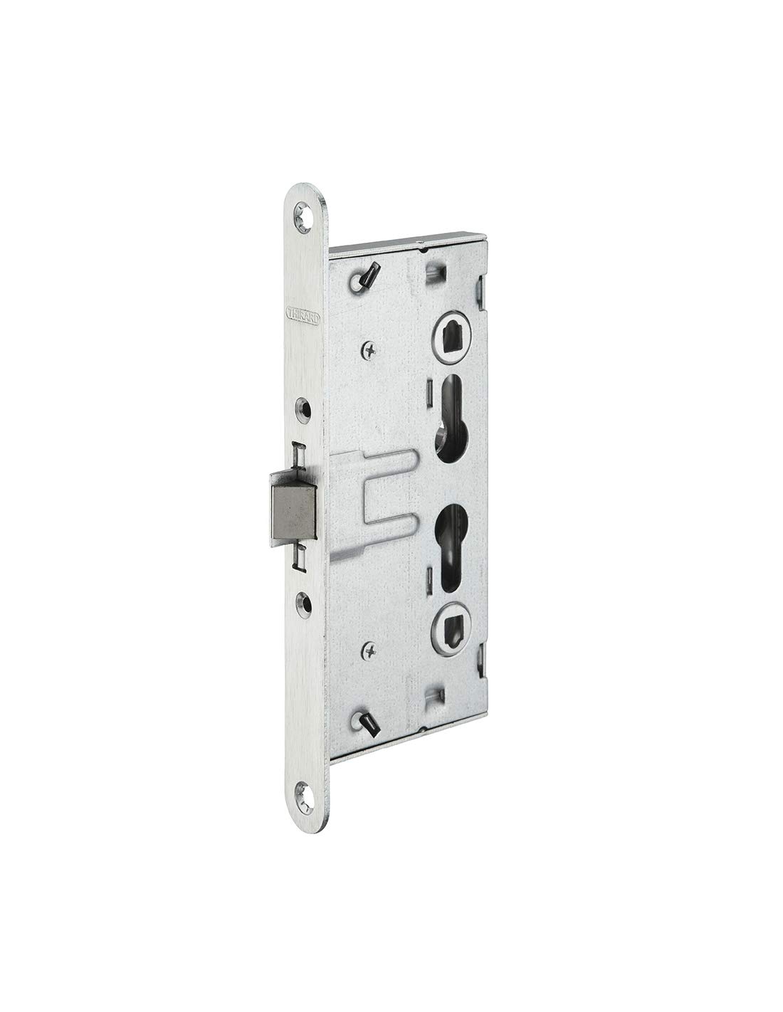 THIRARD - Boîtier de Serrure Encastrable à Cylindre pour Porte de Chaufferie - Axe 65 mm - Industrie - Bouts Ronds - Zingué - Têtière Acier - Réversible - Gris