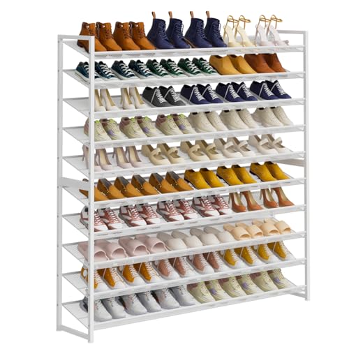 Image of Large Shoe Rack 10 Tier Shoe Organizer, Heavy Duty Metal 5-Tier Stackable Shoe Storage Vertical Shoe Rack for Closet Front Door Entrance, Up to 62 Pairs, 44.8 inch W x 11.4 inch D x 71.2 inch H, White