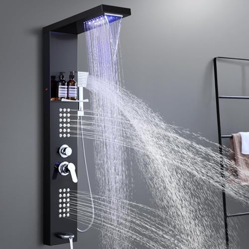 OUGOO Duschpaneel mit Armatur und Ablage, 5 in 1 LED Duschsäule mit Wasserfall & Regendusche, 36 Massagedüsen‌, Handbrause und Wanneneinlauf, Duschpaneele Komplett, Edelstahl Schwarz