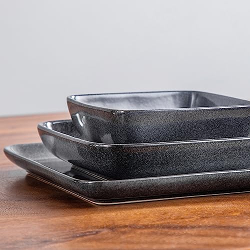 Image of vancasso Stern Gray Dinnerware Set Square Reactive Glaze Tableware 16 Pieces Kitchen Dinnerware Stoneware Crockery Set with Dinner Plate, Dessert Plate, Bowl and Soup Plate Service for 4