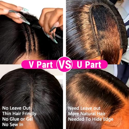 V Part Wigs Human Hair Straight Minimal/No Leave Out Upgrade U Part Wig for Black Women 200% Density V Shape Wig Clip in Half Wig No Lace No Glue No Sew Natural Black 22 Inch - Image 6
