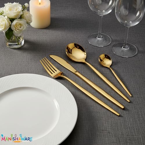 Image of Slim Handle Gold 24 Pcs Heavy Duty Stainless Steel Cutlery Set for Dining Table (6 pcs Spoon Set + 6 pcs Forks Set + 6 pcs Butter Knife + 6 pcs Dessert Spoon for Kitchen)