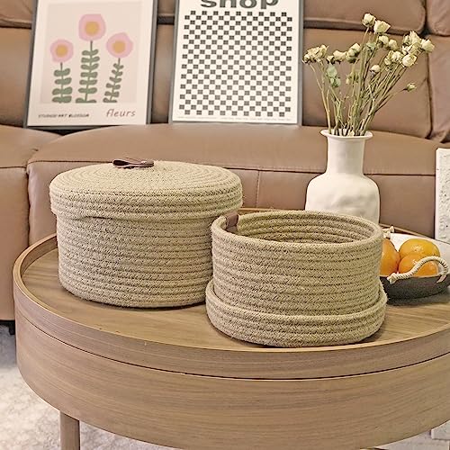 Aplolemo Juteseilkorb mit Deckel, Dekorative Flechtkörbe mit Deckel, Runder Korb mit Ledergriffdesign und Deckel, Kleiner Korb mit Deckel, Aufbewahrungskörbe mit Deckel – 2er-Set (22x14 cm/19x11cm)