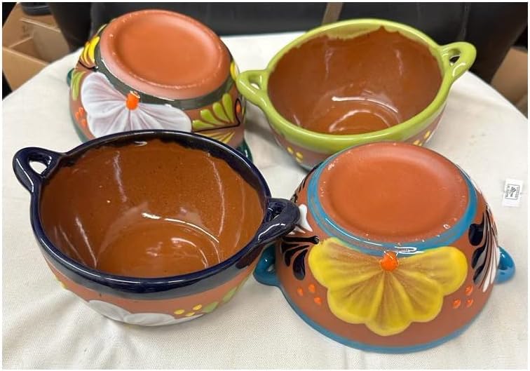 Set of 4 Mexican Salsera Cazuela Salsero de Barro Cereal Bowls Salsa Chips Guacamole Nuts Condiment Server Traditional Clay Party Dish China Engobe Made in Mexico