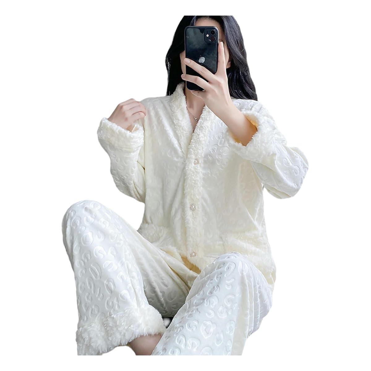Abito da Notte Donna Set Pigiama in Soffice Lana Maglione E Pantaloni Pile Larghi -Rosa-XL
