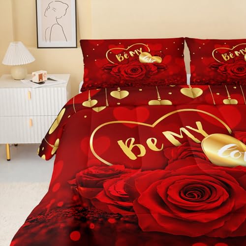 Image of QOOMO Red Rose Kids Bedding Set,Plant Print Comforter Set Full Size for Boys Girls Teen Room Decorat,Soft Lightweight Bed Set All Season,1 Comforter 2 Pillowcases