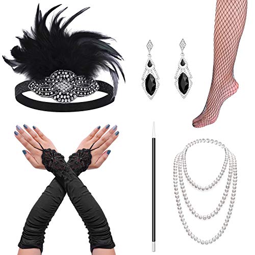 cridoz Flapper Accessories, 1920s Gatsby Accessories for Women Includes Flapper Headbands Necklace Gloves Black