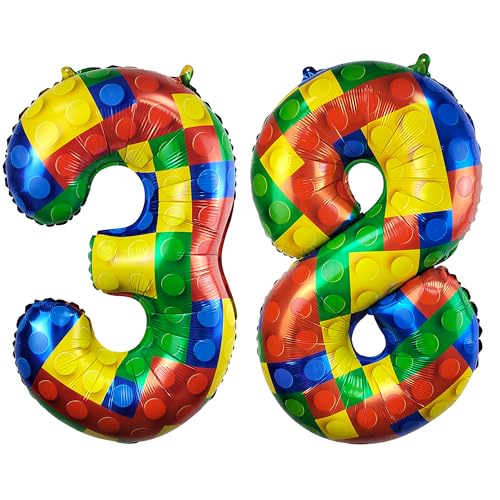Image of 32 Inch Building Block Number 38 Balloons birthday Block Themed Large Big Helium Foil Mylar Balloon for Girls Boys Birthday Party Decoration Supplies