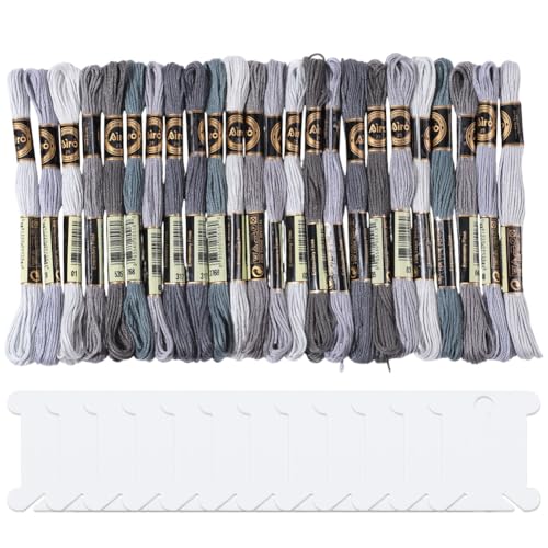 CABODYALS 24 Skeins 6 Strands Grey Embroidery Thread Floss Variegated Gradient Friendship Bracelets String Cross Stitch Threads Bulk with 12 Floss Bobbins for Bracelet Making Sewing Knitting Craft Diy