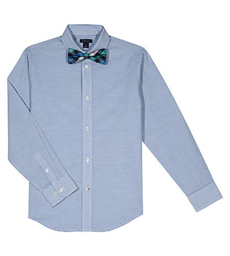 Tommy Hilfiger Boys' Big Long Sleeve Dress Shirt with Bow Tie, White Stripes, 18