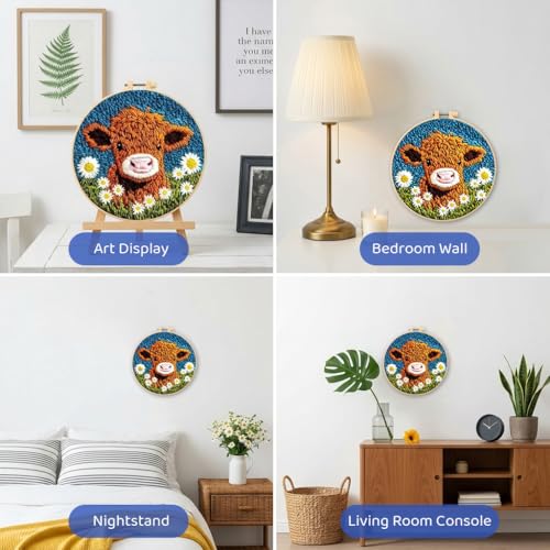 Image of PATPAT20cm DIY Tufting Craft Kit with Bamboo Embroidery Hoop, Pre-Printed Highland Cow Pattern, Yarn Set & Tufting Tools, Beginner Punch Needle Wall Art Kit for Plush 3D Home Decor, Gifts