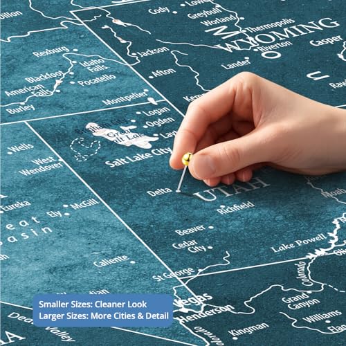 Image of IPIC - Large Custom USA Map Wall Art, Push Pin Map with Custom Names to Track Your Travels, Vintage Teal Framed Canvas Wall Decor for Home, Office or RV, Made in USA