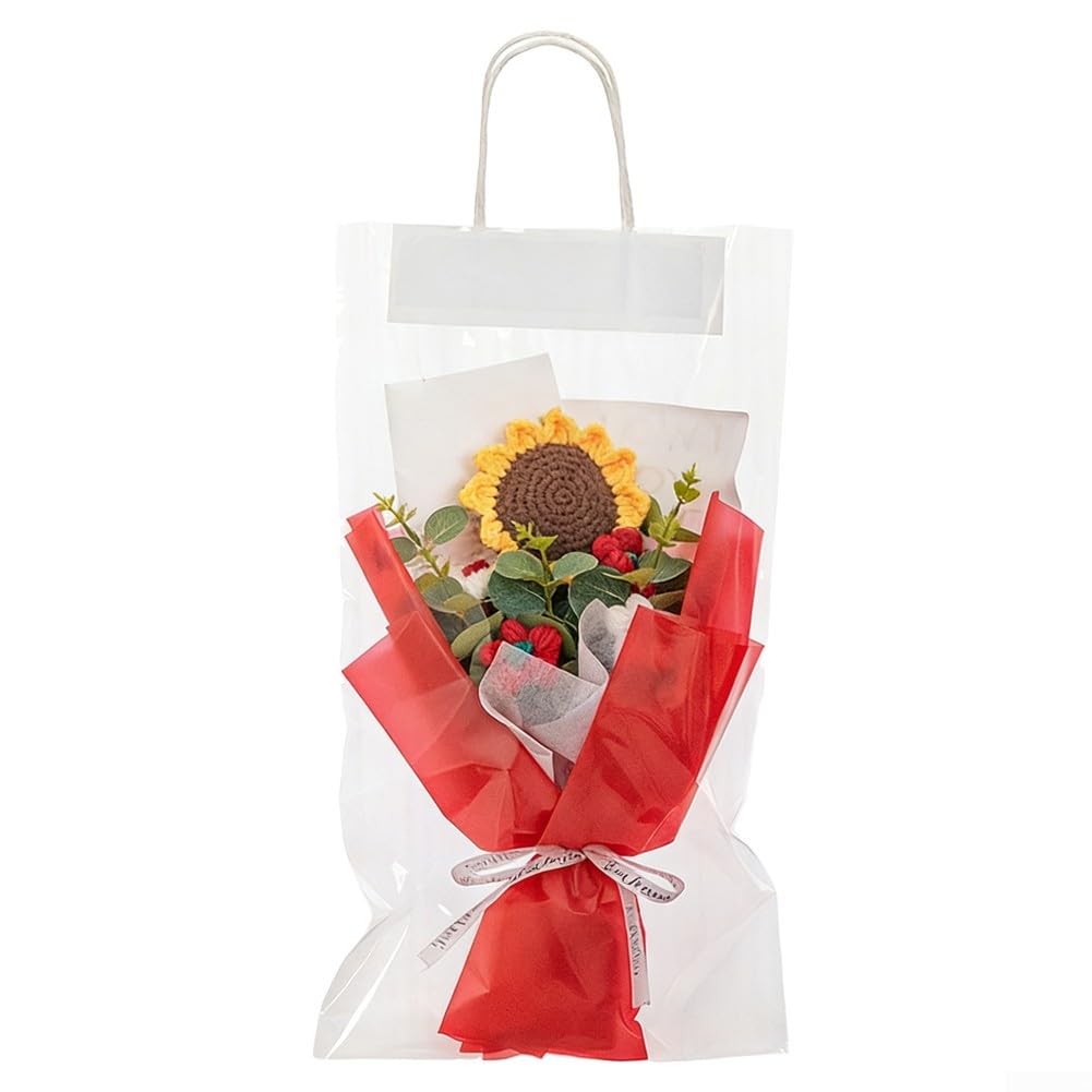 ASMJHQCLW Hand Woven Artificial Flowers, Knitted Crochet Sunflower Bouquet Colorful Seasonal Decor Bridal Graduation Anniversary(Red)