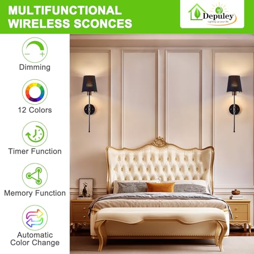 Image of Depuley Battery Operated Wall Sconce: 24 inch Set of 2 Wireless Wall Lights with Remote for Bedroom - Rechargeable 15 Colors Black Wall Lamp for Living Room Hallway Home Decor