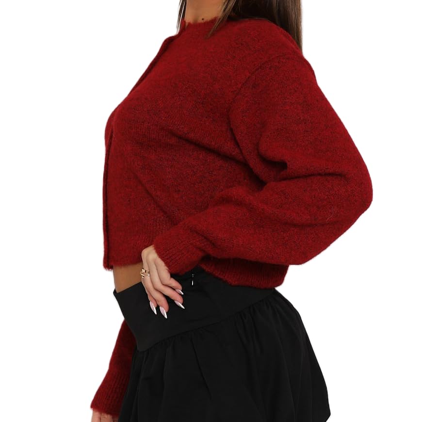 Image of Muineobuka Women Knit Cropped Cardigan Tops Long Sleeve Button Down Lightweight Bolero Sweater Tops Wine Red, X-Large