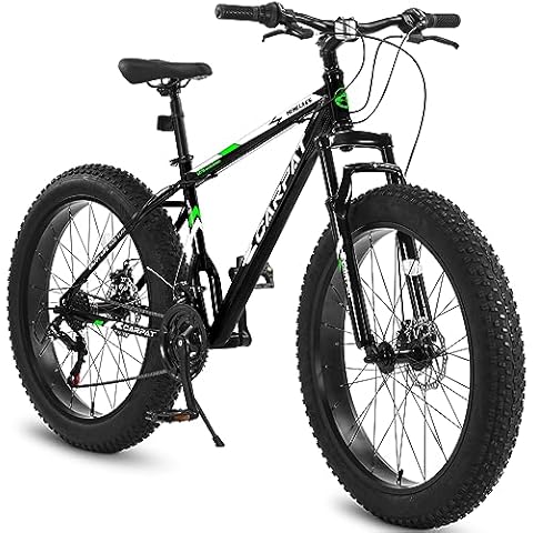 KIAPALNO Mountain Bike for Mens and Women Fat Tire, 26-Inch Bicycle Wheels, 4-Inch Wide Knobby Tires, Steel Frame, 21 Speed Drivetrain, Shimano Rear Derailleur (26 Inch, 21-Speed, Black/Green) Cover