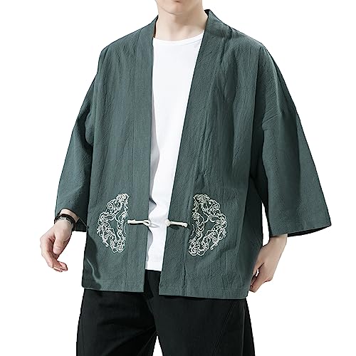 Image of Mens Kimono Cardigan Cotton Linen Japanese Shirt 3 /4 Sleeve Haori Yukata | Skin-Friendly Solid Color Lightweight Shawl Collar Kimono Robe Embroidery Button Tie Pockets Happi Coat All Season Daily Wear