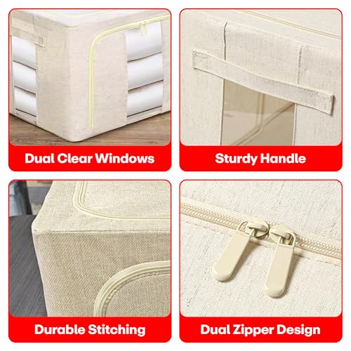 Image of Prime Pick Storage Box Foldable Cotton Jute Cloth Organizer with Transparent window Reinforced Handles Washable Wardrobe Storage for Clothes Almirah Drawer Beige XXL Size Pack of 3
