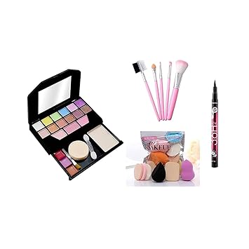 Womens & Girls TYA Fashion Mini 5024 Multicolour Makeup Kit and 5 Pink Makeup Brushes Set, 6 Sponges Pack and 1 YANQINA Liquid Eyeliner - (Pack of 13)