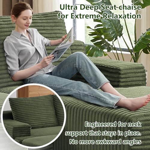 Image of 96 inch Modular Sectional Sofa, Modern Corduroy Cloud Couch, Boneless Couch Upholstered 3-Seater L-Shaped Sofa for Living Room, No Assembly Required (Green, Right-Facing Chaise)