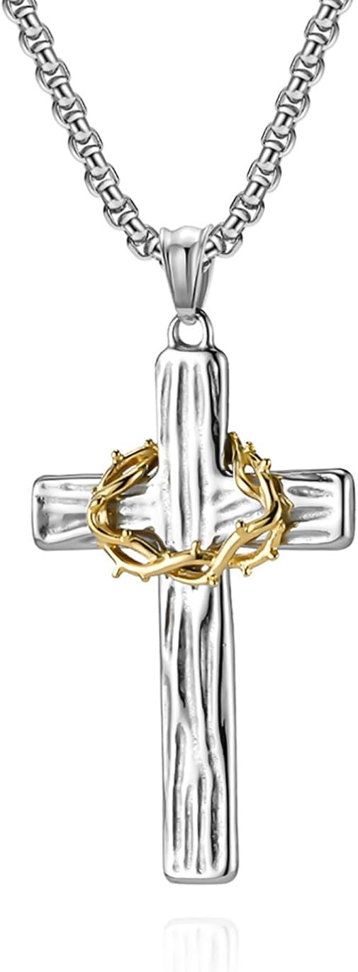 Cross Necklace for Men,Stainless Steel Black Silver Jesus Christ Crucifix Pendant Necklaces Meaningful Religious Jewelry，60cm Rolo Chain