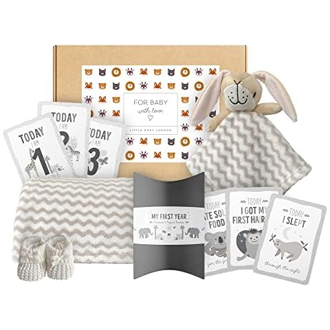 Little Grey London Newborn Unisex Baby Hamper Gift Box. Plush Baby Blanket, Soft Bunny Comforter Toy, 30 Baby Milestone Cards & Cotton Bootees. Perfect for New Mothers, Baby Showers & More Cover