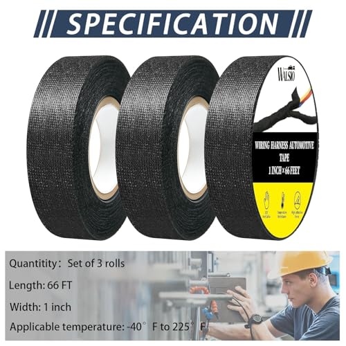 Image of 3 Rolls Wiring Harness Cloth Tape 1 Inch x 66 FT Per Roll Heat Wear Resistant Tape Easy to Tear and Stick by Hand, Suitable for Isolation and Noise Reduce Wrapping of Engine Wiring Harnesses