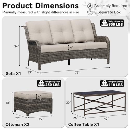 Image of 4-Piece Outdoor Couch Set, Includes Wicker Patio Sofa with Thickened Olefin Cushions, High Back and Deep Seating, Hand-Woven PE Rattan and 2 Ottomans, 1 Coffee Table for Porch, Deck