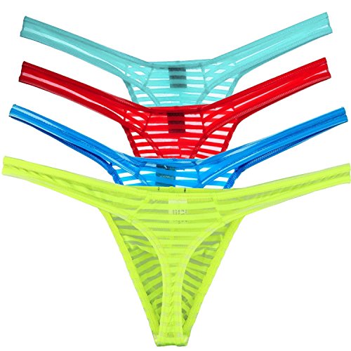 ONEFIT Men's Sexy Net Pouch Brief Striped Thongs Bikinis Underwear Medium