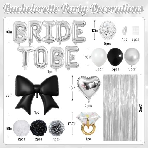 Image of Black Silver Bachelorette Party Decorations, Bride To Be Bridal Shower Kit
