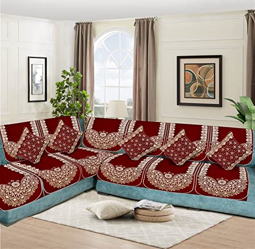Image of L Shape Sofa Cover Set 7 Seater with 5 Cushion Covers - Premium Stretch Fabric, Soft, Anti-Slip, Washable Sectional Couch Cover (Maroon)