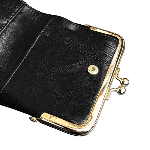 Image of AOXONEL Womens Wallet Small Rfid Ladies Compact Bifold Leather Vintage Coin Purse With Zipper and Kiss Lock, Black, Small, Vintage