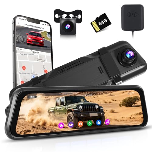 Dashcam Retroviseur Voiture 4K 9,7'' Écran Tactile avec Caméra Avant et Arrière GPS
