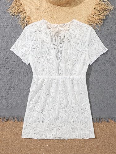 WDIRARA Girl's Tropical Pattern Lettuce Hem Mini Cover Up Dress Collarless Neck Short Sleeve Mesh Beach Dress2