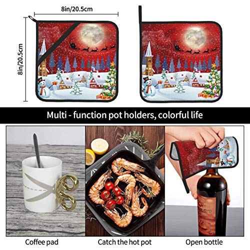 Pot Holders Set Of 2, Christmas Snowman Tree Reindeer Under The Full Moon Heat Resistant Kitchen Non Slip Printed Cooking Barbecue Baking Microwave #TOP5