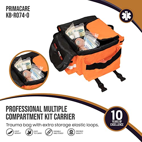 Image of Primacare KB-RO74-O First Responder Trauma Bag, 17 inch x 9 inch x 7 inch, Orange - EMT /EMS Medical Supply Organizer with Padded Dividers, Multiple Compartments, Side Pockets, Reflective Strip, Durable Design
