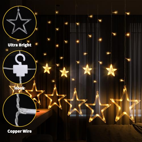 CNMTCCO Christmas Star Window Lights, 12 Stars 138 LED Curtain String Lights with 8 Flashing Modes Decoration for Wedding, Party, Wall, Christmas Decorations, Battery&USB Powered (Warm White) - Image 3