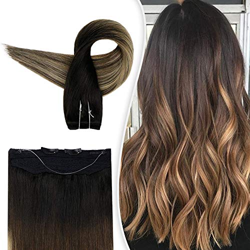 Full Shine Halo Hair Extensions 14 Inch Fish Wire Hair Extensions Balayage Remy Human Hair Color 1B Off Black Fading to 6 And 27 Honey Blonde Fish Line Human Hair Extensions 70 Grams