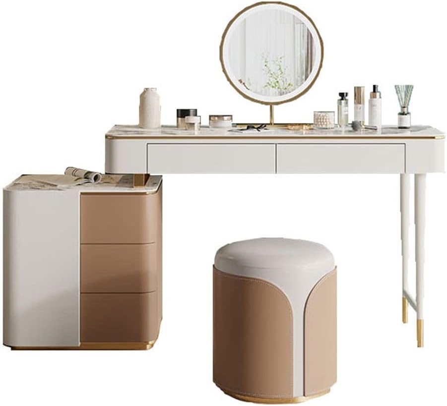 Vanity Dressing Table Set Luxury Makeup Bench with 3 Colors Led Hd Mirror,Comfortable Stool Drawers Cabinet,Modern Simple Style,for Girl's Gift (Size : 90cm) ()