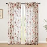 Simplebrand Gardinen mit Doppelperforationstechnik Blumenmuster 130Bx183H Voile Vorhänge Bleistiftfalten Design Halbtransparent Leicht Pflegeleicht Ideal Für Wohnzimmer