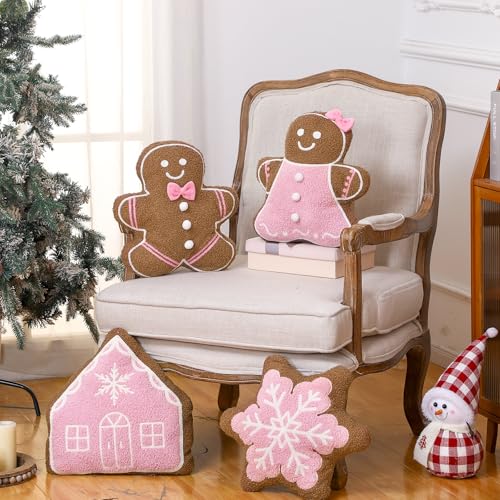 Image of HunnmingRe 4 Pcs Christmas Throw Pillows Fall Football Plush Pillows Winter Holiday Cushion Soft Decorative Cushions for Couch Bedroom Living Room Thanksgiving Xmas Decor(Pink,Gingerbread)