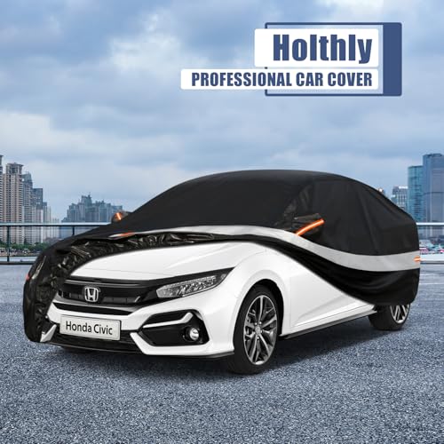 Image of Holhtly Car Cover Custom Fit for Honda Civic， Car Covers for Automobiles All Weather Waterproof Sun Snow Rain Wind Dust Protection, Outdoor Car Cover Black & Grey
