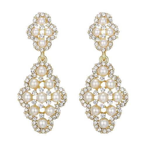 BriLove Wedding Bridal Simulated Pearl Earrings for Women Crystal Hollow Rhombus Chandelier Dangle Jewelry Ivory Color Gold-Plated-Base