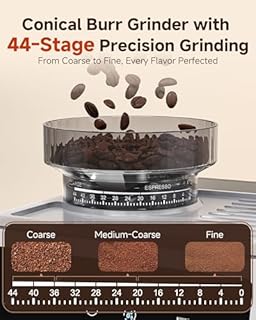 AMZCHEF Machine à expresso semi-automatique de 20 bars avec moulin à café intégré | 44 réglages de mouture et 4 températures pour infusion chaude et froide | Mousseur à lait de 8 mm pour latte