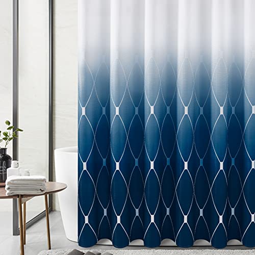 Blue Shower Curtain For Bathroom, Navy Blue And White Ombre Geometric Pattern Shower Curtain Waffle Weave Fabric Shower Curtain Set With Hooks, Checkered Printed Bath Curtain, Washable, 72" X 90" #TOP1