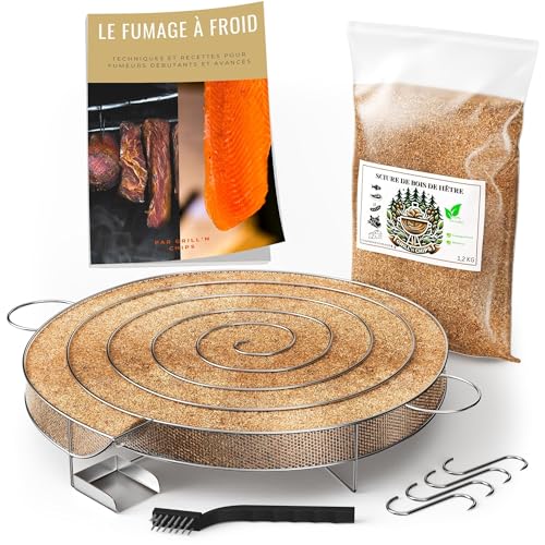Générateur (30 cm)/Serpentin de Fumée Froide pour Fumoir Viande et Poisson + 1.2kg de Sciure de bois de hêtre + 4 crochets et 1 Brosse de nettoyage - Guide Numérique PDF à Télécharger (Offert)
