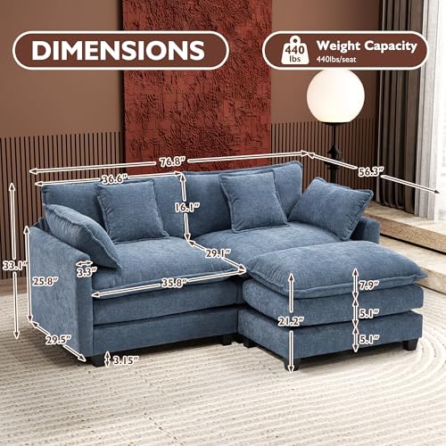 Image of Ihanherry 77 inch L Shaped Modern Sofa Modular Sectional Cloud Couch with Ottoman, 3-Seat Chenille Deep Seat Sofa with Pillow for Living Room, Bedroom and Apartment, Blue